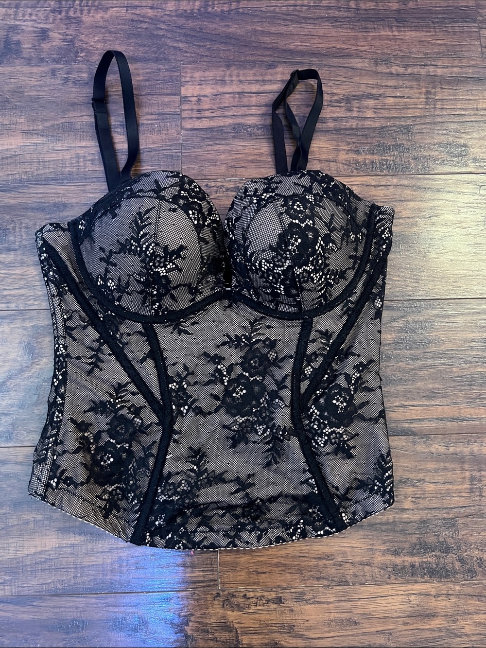 Black Lace Bustier Top with Sheer Floral Overlay